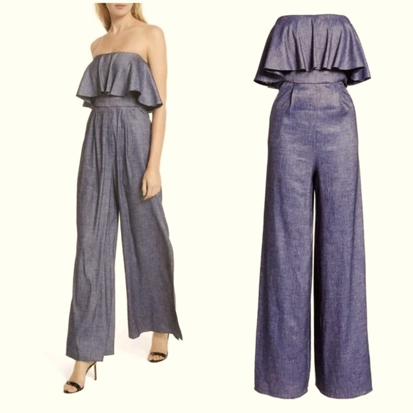 MILLY Black Denim Chambray Ruffle Popover Strapless Open Leg Pant Jumpsuit 6 - Picture 13 of 13
